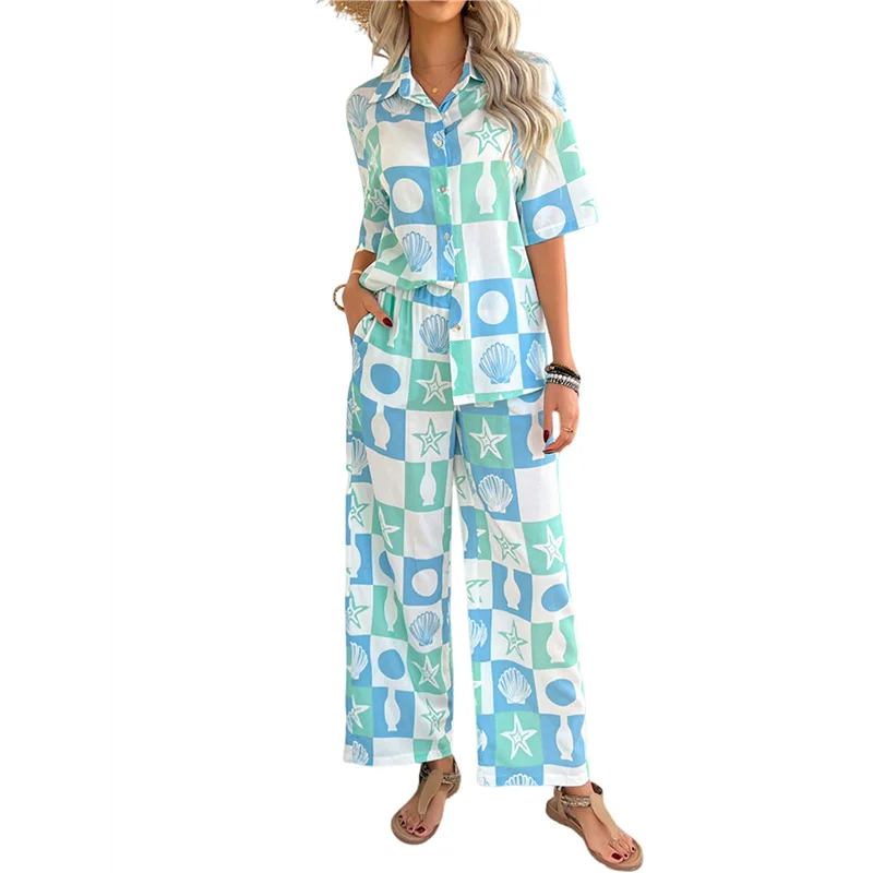 A83F-Women's Short Sleeve Button Down Shirt Printed Tops Lounge Shorts Summer Beach Tracksuit 2 Pcs Set