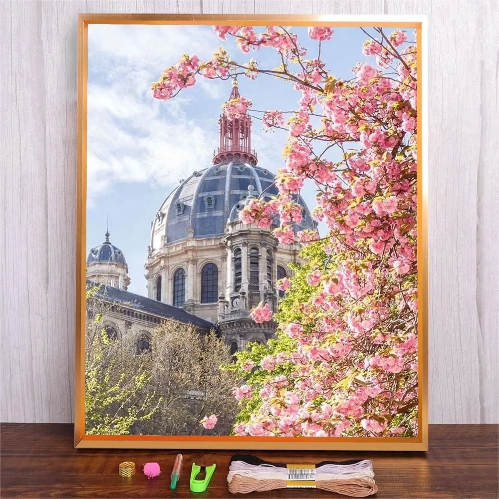 

Embroidery Stitches Practice Kit DMC Threads Embroidery Kits Flowers Building Patterns Needles Accessories Cross-Stitch Set