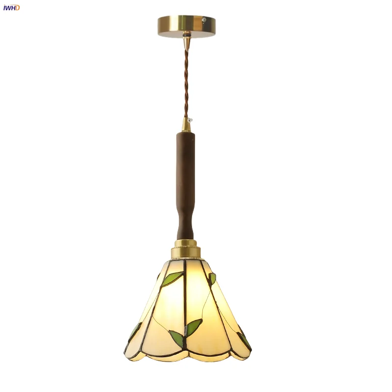 

IWHD Tiffany Modern LED Pendant Light Fixture Handcraft Glass Reading Foyer Porch Home Decor Walnut Wood Hang Lamp Lampu Gantung