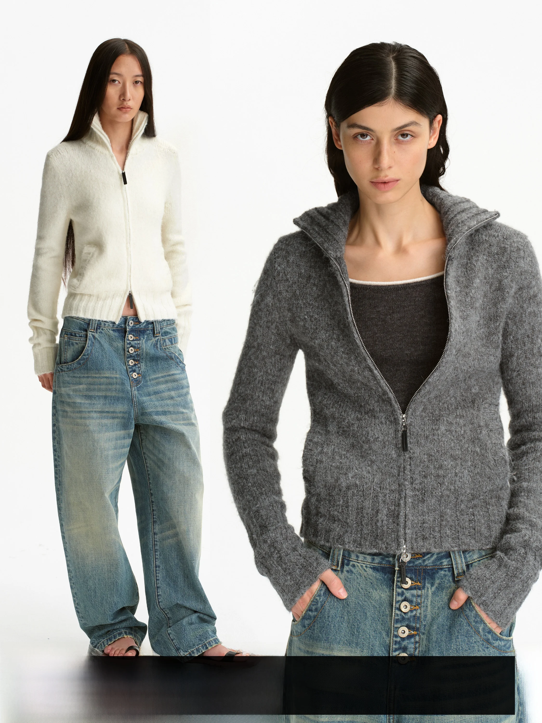 

SMIIILE Winter Lazy Sle Double Zipper High Collar Alpaca Knitted Open Cardigan Women Slimming Sweater Jaet Thiened Long...
