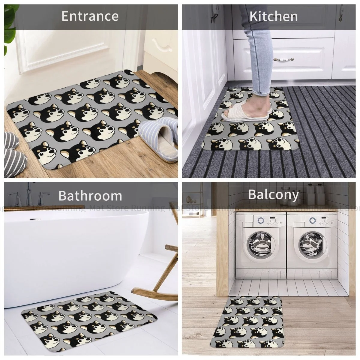 Cartoon Style Non-slip Doormat Cute Black Shiba Inu Head Bath Bedroom Mat Prayer Carpet Indoor Modern Decor