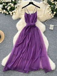 Foamlina Purple Fairy Dress 2025 New High Qualtiy Strap Waist Holiday Dress Split Fork Drape Suspender Chiffon Dresses