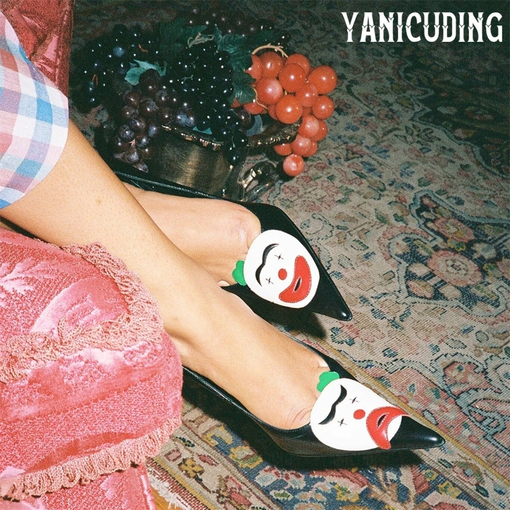 

Clown Face Pointed Toe Stilettos Novelty Black Leather Pump Handmade High Heels with Cartoon Pattern for Women Custom Multicolor