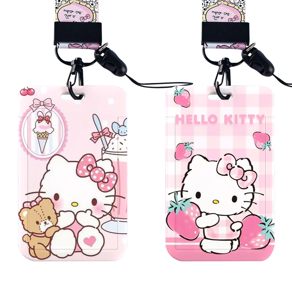 Portatarjetas de Hello Kitty, funda protectora de PVC para documentos, cordón de identificación para el Campus de estudiantes, cuerda colgante para el cuello, antipérdida