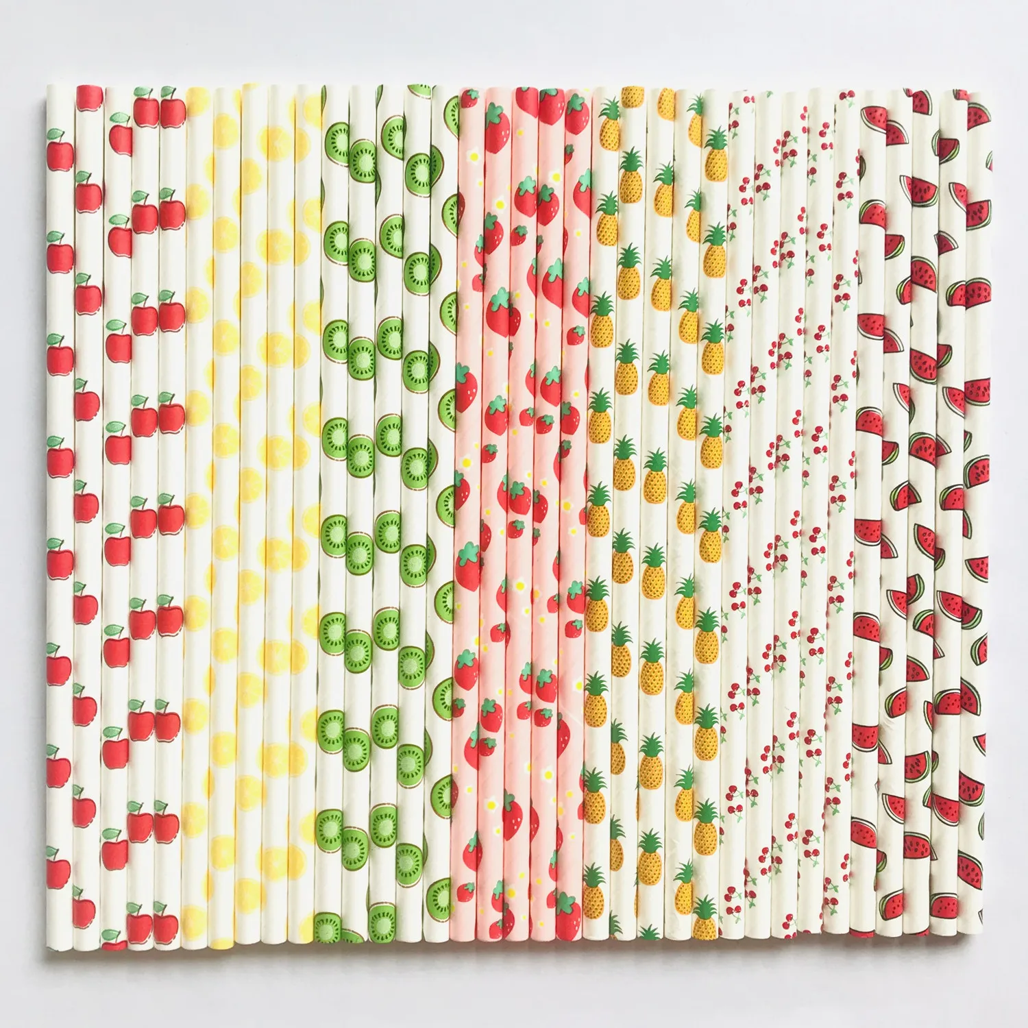 

100 Pcs/Box Fruit Paper Straws-Summer Autumn Green Red Apple Kiwi Lemon Pineapple Watermelon Cherry Strawberry Picnic Juice Bar