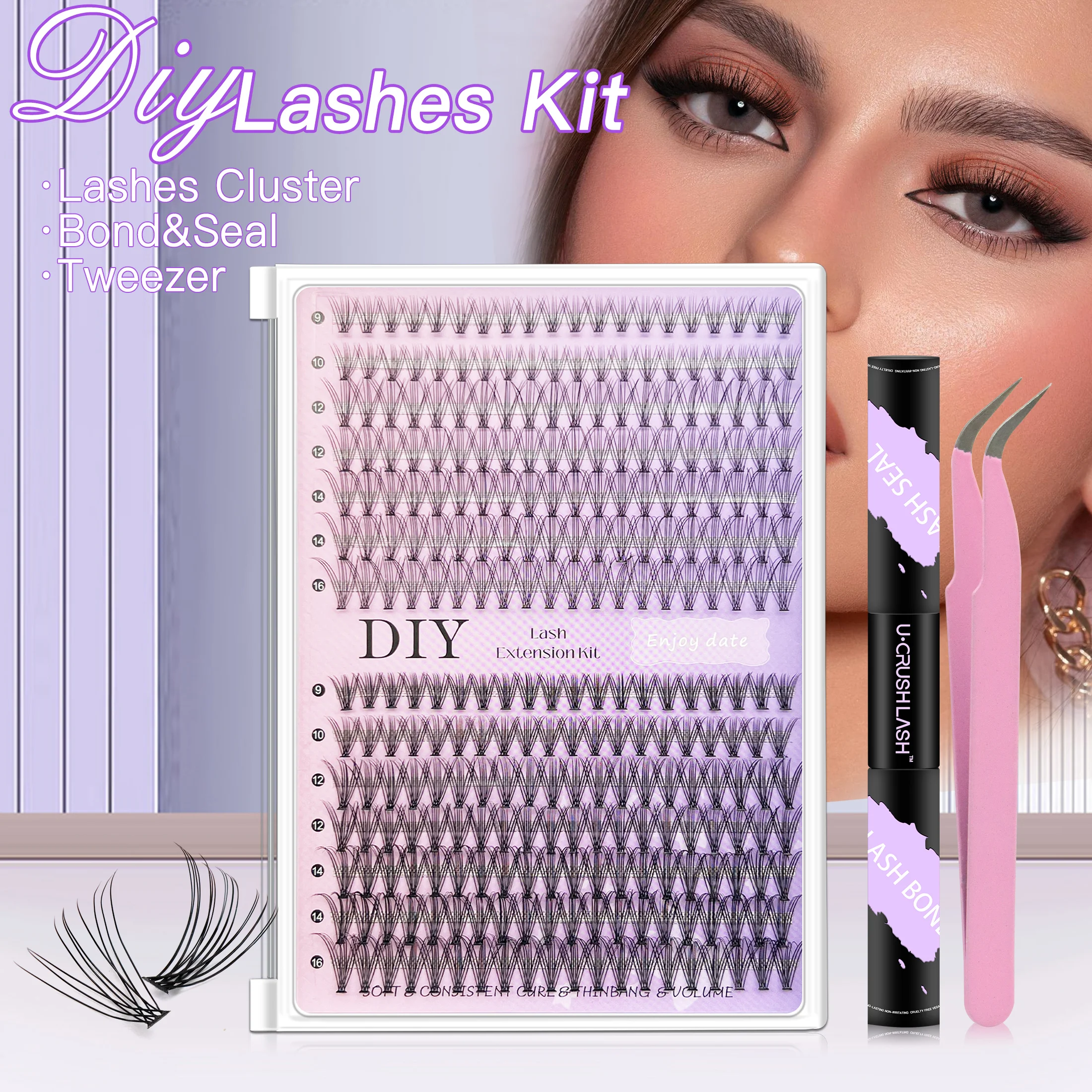DIY まつげエクステンションキット 280 個 D カールうっすらふわふわラッシュクラスター、つけまつげセット、接着剤メイクアップツール & アクセサリー付き