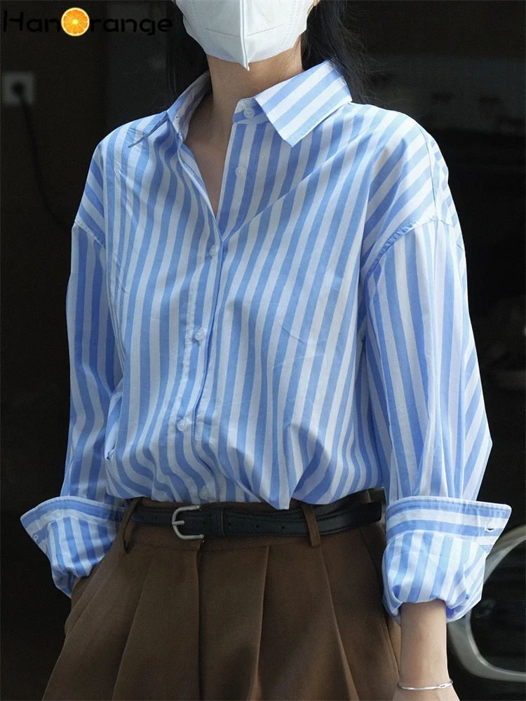 

HanOrange 2024 Spring Simple Striped Shirt Women Loose Profile Lazy Smooth Delicate Lapel Top Female Gray White/Blue White