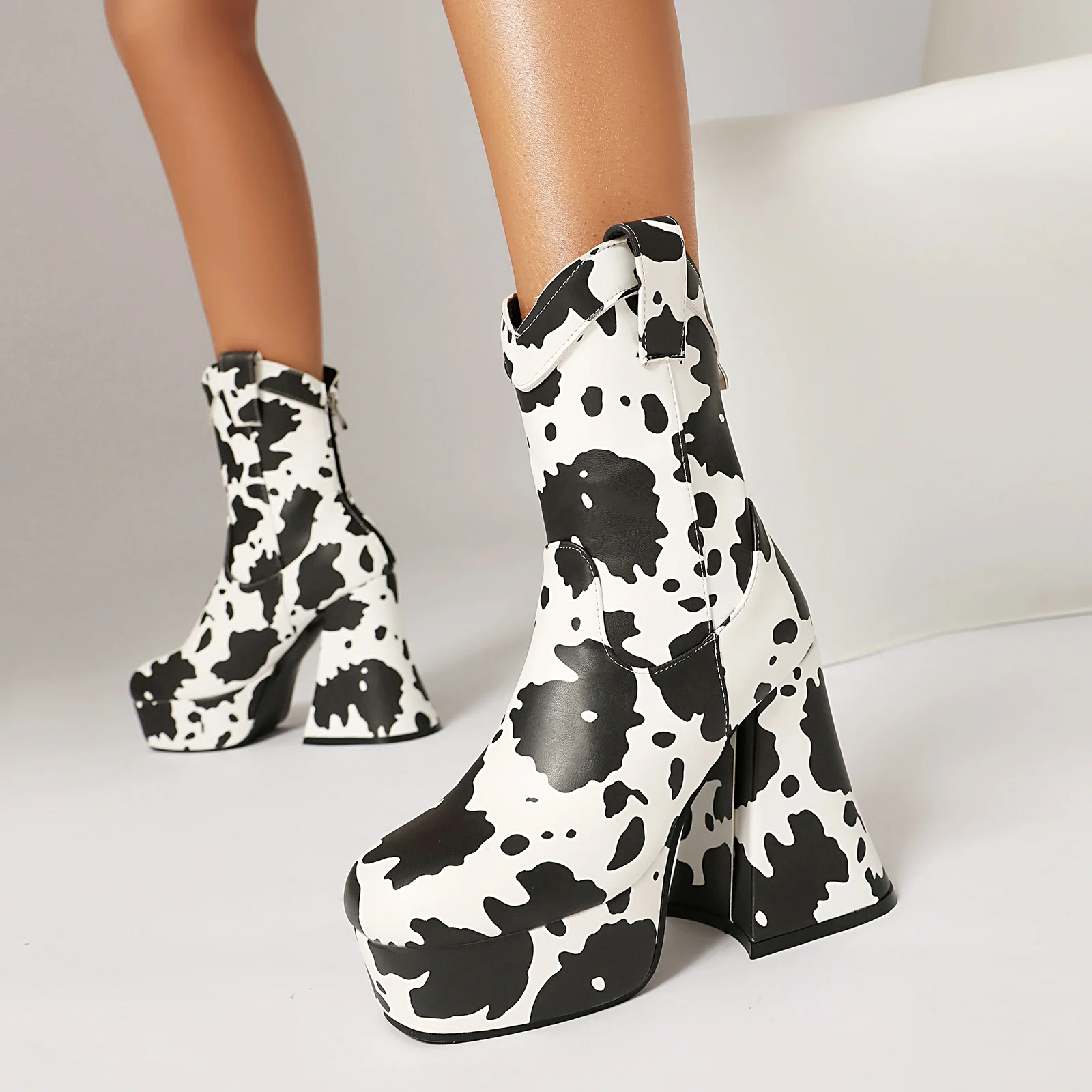 

Women Ankle Boots Western Style Block Heels Shoes Sexy Platform Booties with Pull Tab