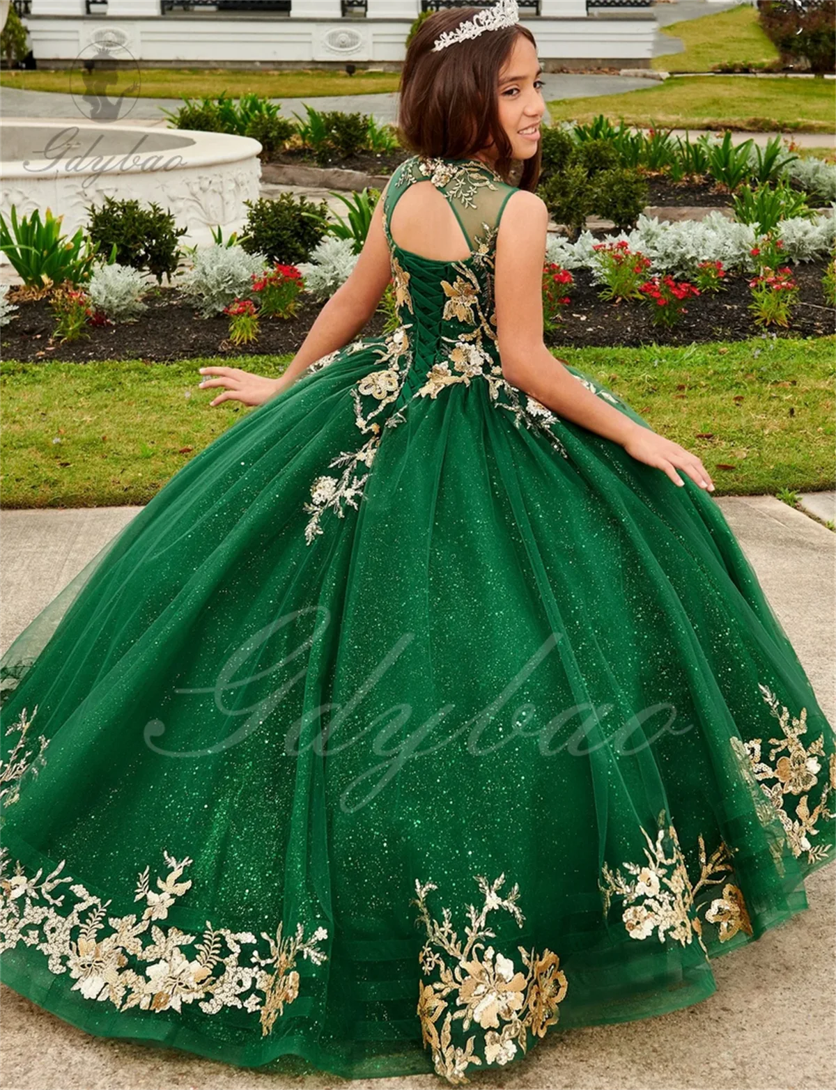 Vestido floral verde para meninas, apliques de casamento, inchado, sem mangas, tule, longo, princesa, festa de aniversário infantil, primeira comunhão, vestido de baile