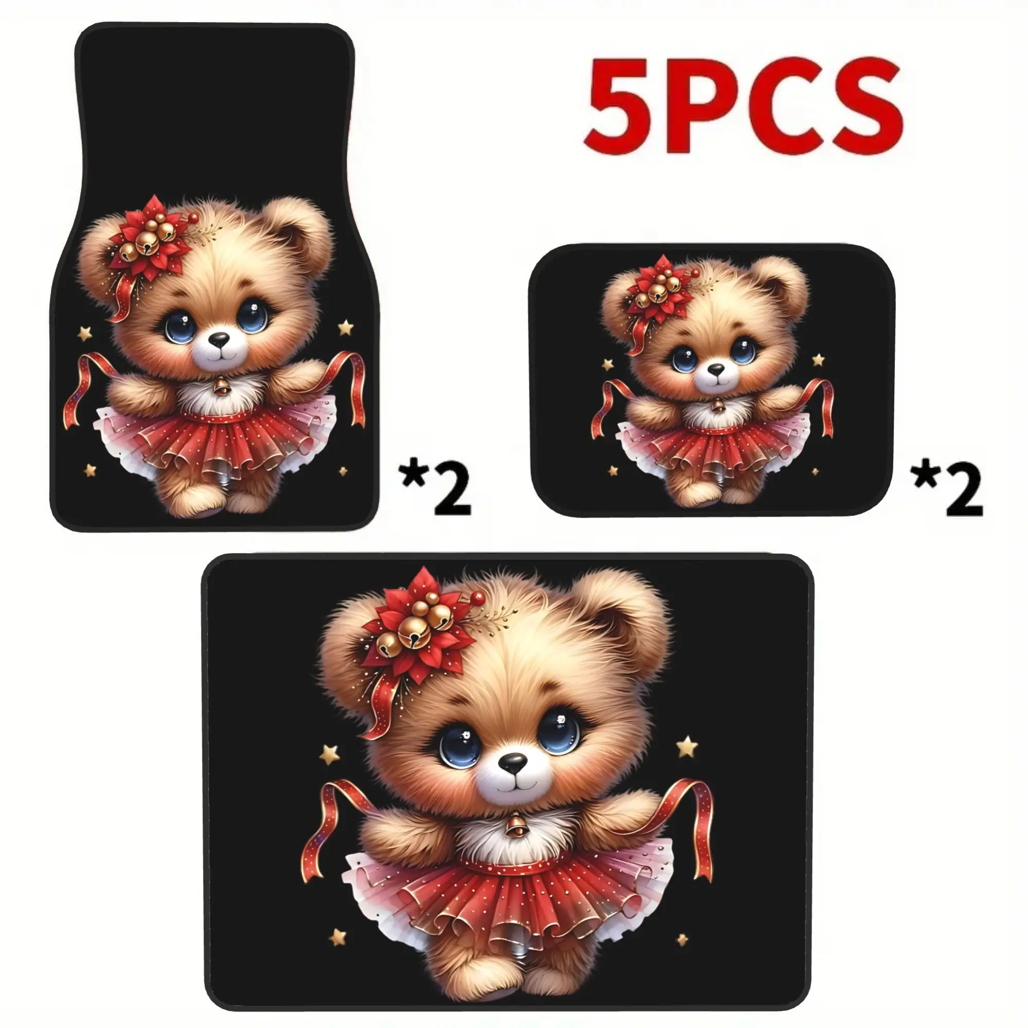 2D Flat Printing 5pcs Christmas Bear With Red Tutu And Bells Printed Car Mats Set (4 Floor Mats + 1 Trunk Mat), Made Of Durable