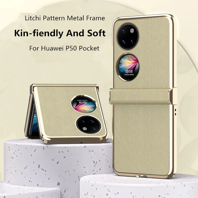 

Litchi Pattern Metal Frame For Huawei P50 Pocket ,Pocket S Case, Kind-fiendly And Soft,made of very comfortable Pebbled leather