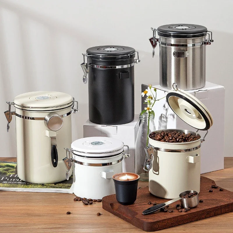 304 Stainless Steel Airtight Lid Coffee Beans Vacuum Sealed Jug Airtight Food Container Portable Grain Storage Can for Kitchen
