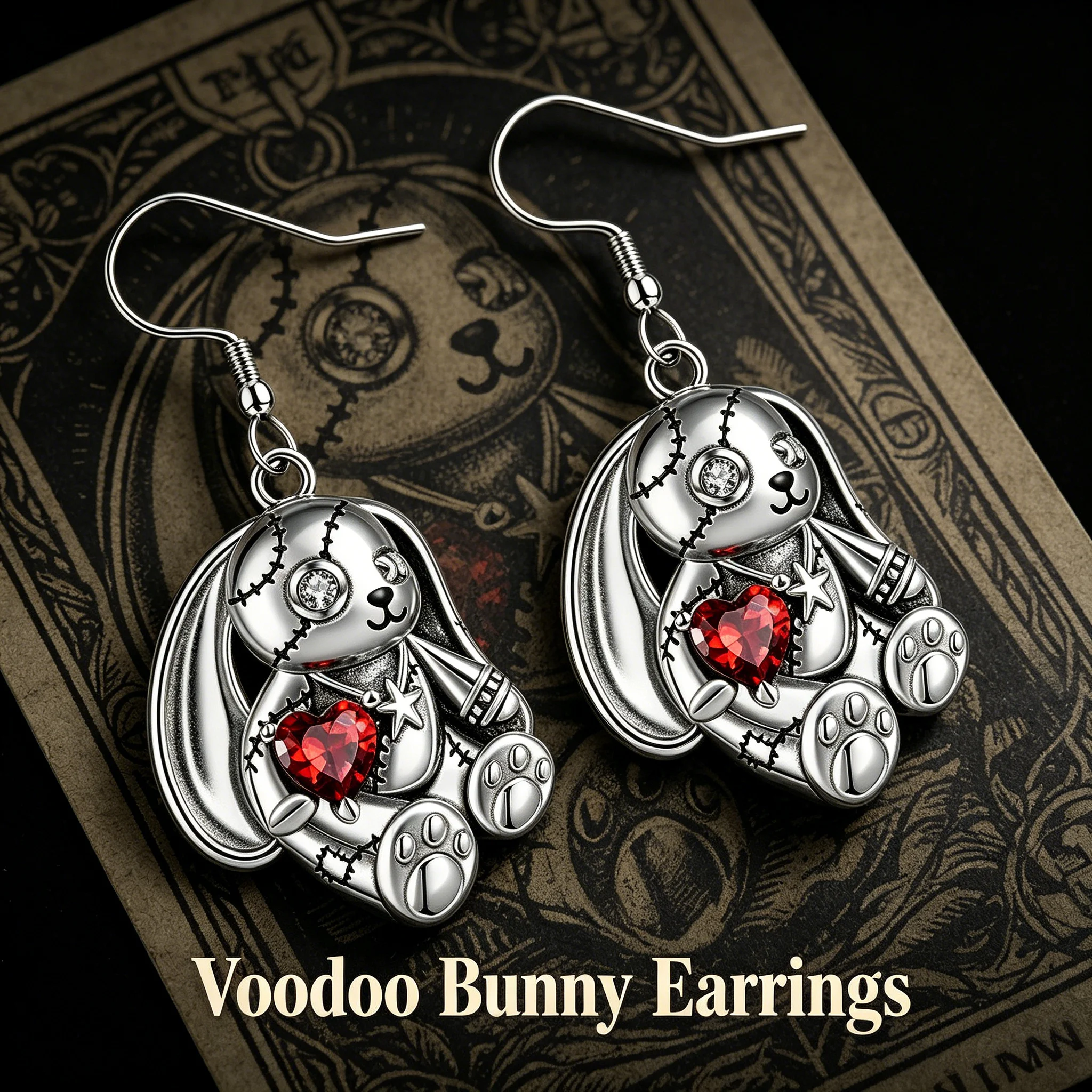 Gothic Stitched Rabbit Doll Dangle Earrings Silver Tone Red Heart Inlay Dark Punk Style Women Party Daily Jewelry Gift