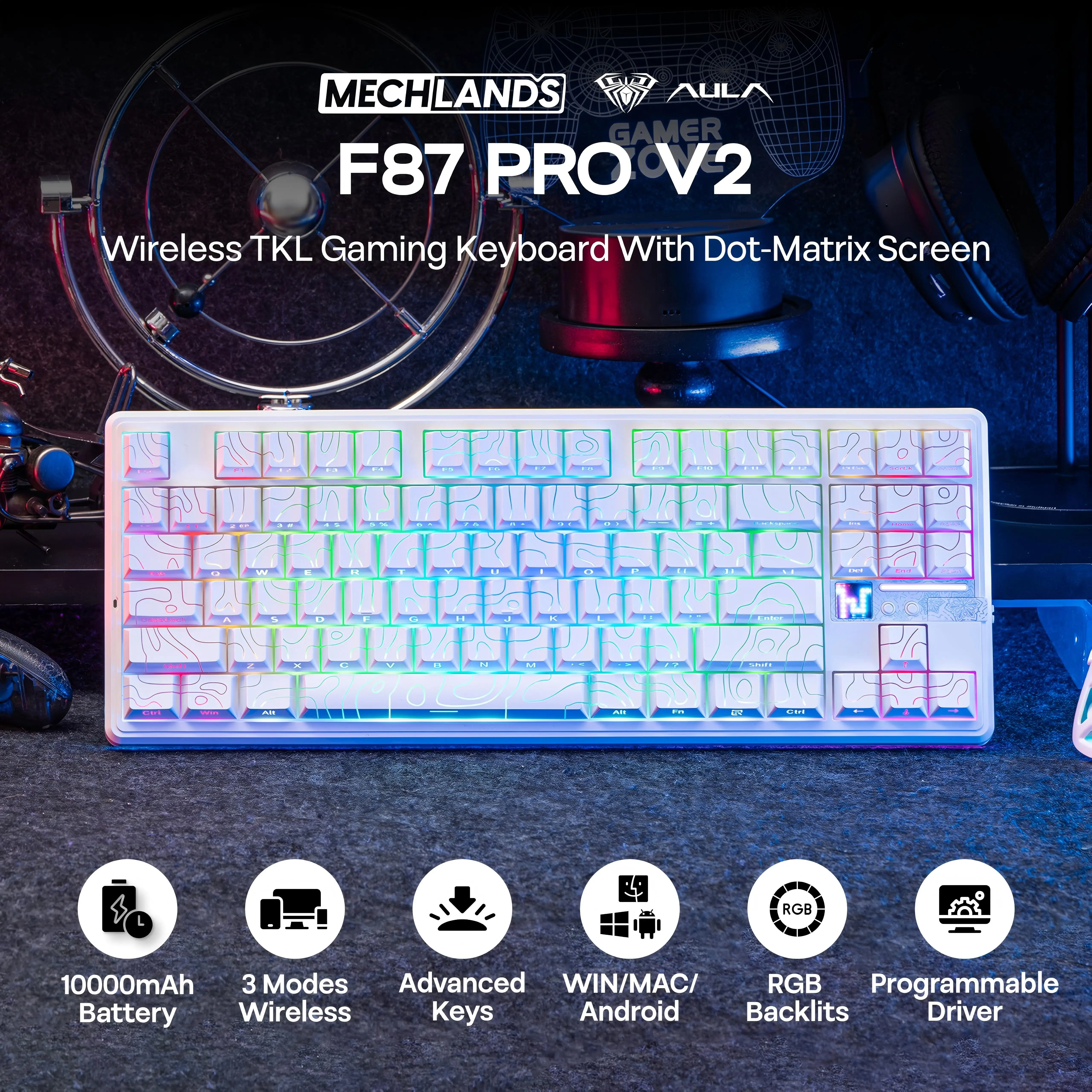 AULA F87PRO V2 87-Key Mechanical Gaming Keyboard 8K Tri-Mode Wireless RGB Hot Swappable Gasket Mount