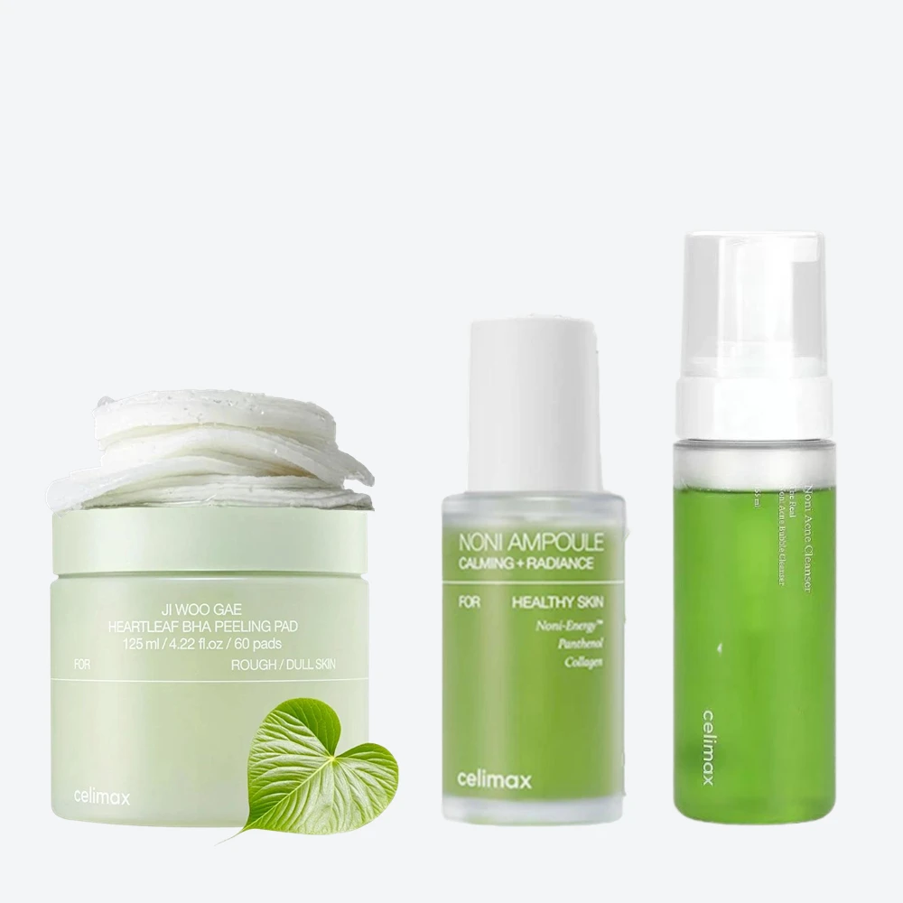 Celimax Heartleaf BHA Peeling Pad, The Real Noni Energy Ampoule & Acne Bubble Cleanser for Exfoliation, Pores and Hydration