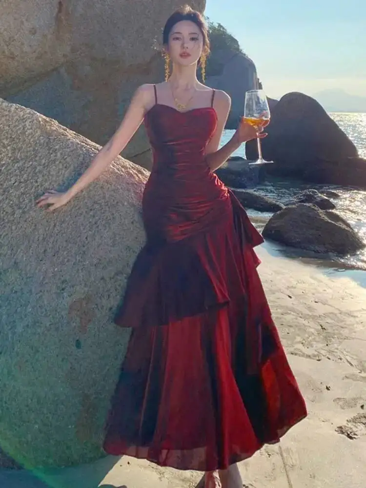 ชุดเดรสผู้หญิงแบบมีระบายหรูหรา สายเดี่ยวเซ็กซี่ สำหรับงานเลี้ยงตอนเย็น งานวันเกิด งานแต่งงาน งานพรอม ชุดราตรียาว เสื้อผ้าผู้หญิง