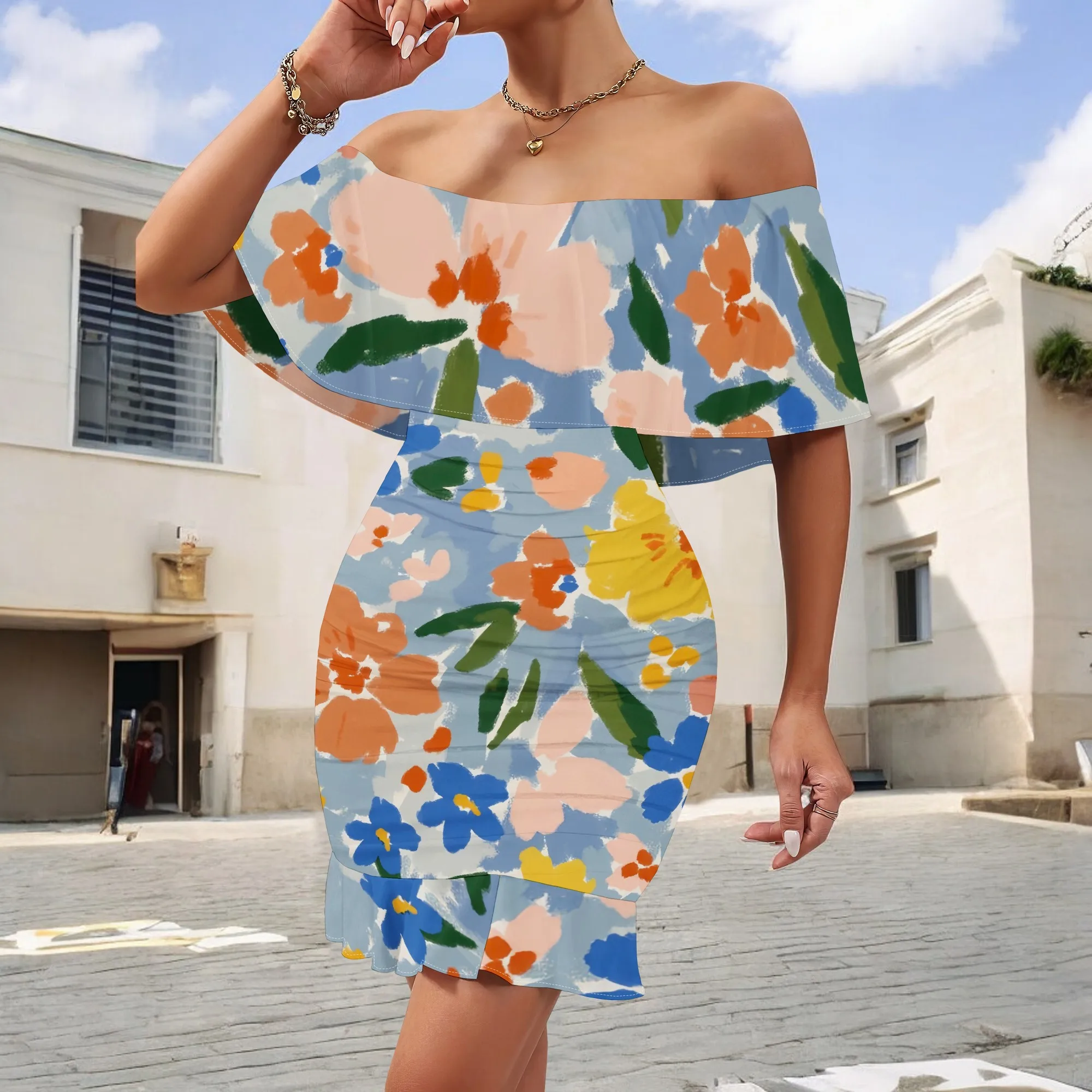 

Pastel Floral Print Off Shoulder Mini Dress S-3XL Ruffle Overlay Bodycon Style for Garden Party, Picnic or Spring Brunch Look