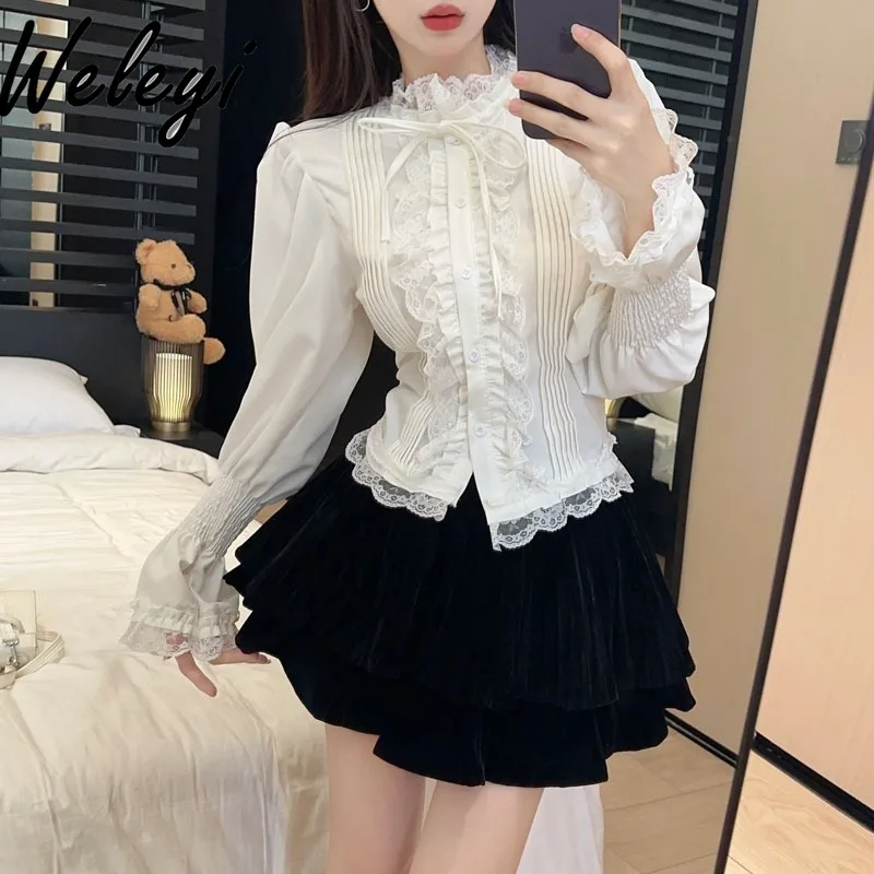 Sweet Lace Bubble Long Sleeve Versatile Shirts Ropa Mujer Autumn Cute French Court Style Slim Fit Women Luxury Koszule I Bluzki