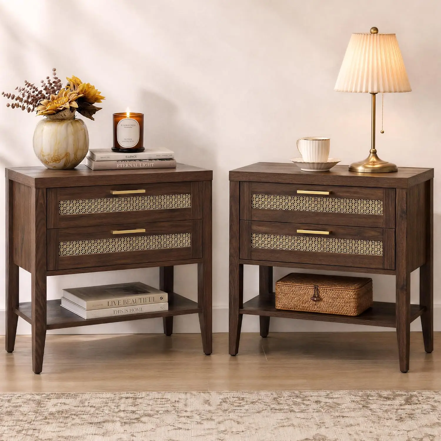 Rustic Nightstand Set 2 with Drawer & Shelf, Large Bedside Table Bedroom, Mid Century Side Table, 25.7