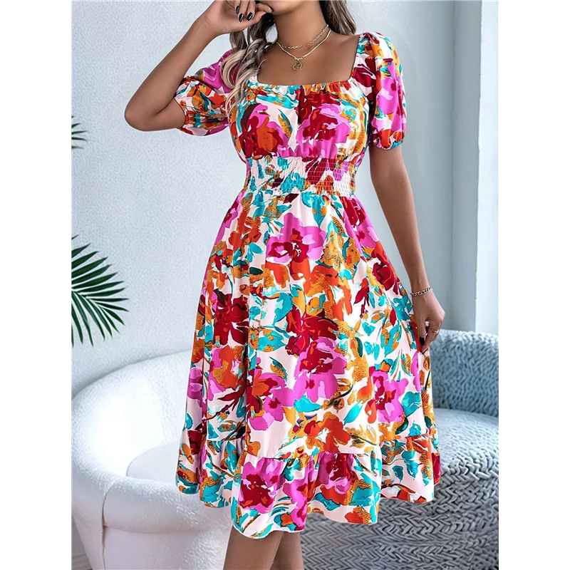 【SEE】Vestidos casuales de verano para mujer, vestido midi ahumado floral bohemio con mangas abullonadas y cuello cuadrado, primavera 2025