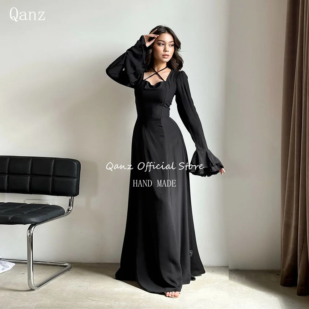 Qanz elegant Halter Neck Evening Dresses Black Long Satin Full Sleeves Vestido De Gala 2024 Dubai Luxury Dress Customized