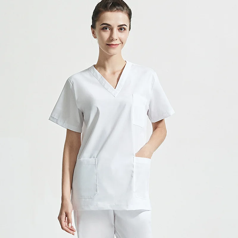 Uniformes médicos de cor branca para mulheres Conjuntos de esfrega, Tops e Calça Hospitalar, Ternos de trabalho Clínica Odontológica, Salão de beleza