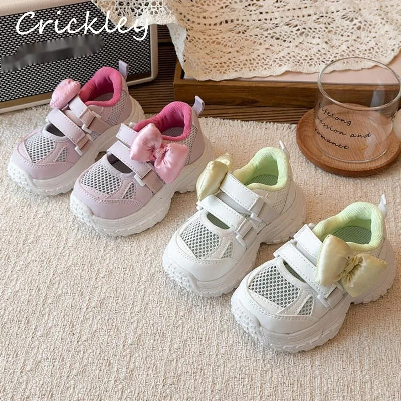 

Bow Mesh Girls Sneakers Spring Summer PU Princess Hook Loop Casual Shoes For Children Breathable Soft Bottom Kids Sport Shoes