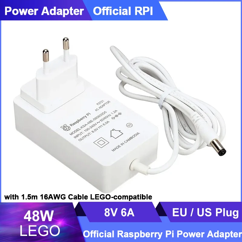 

Raspberry Pi Build HAT 48W Power Supply 8V 6A EU US Power Adapter with 1.5m 16AWG Cable LEGO-compatible for RPi 4B 3B+ 3B Zero W