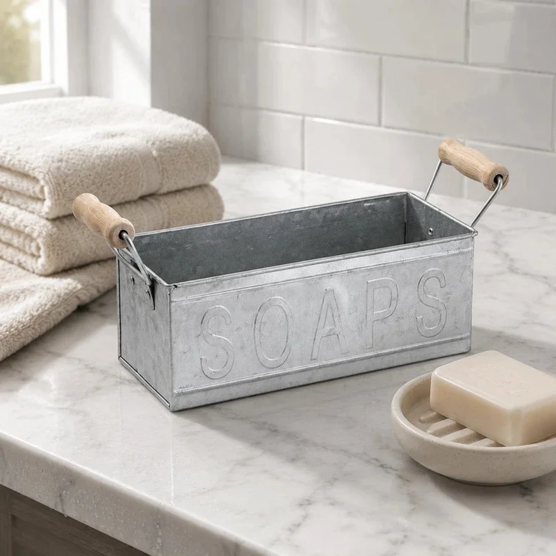 Galvanized Planter Container Silver Finish Rectangular Planter Container Decorative Container Wooden Side Handles Embossed