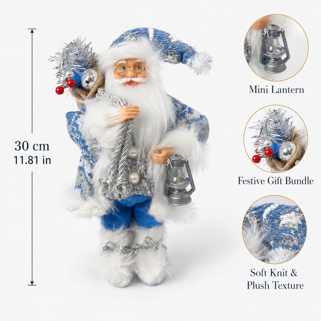 Christmas Santa Claus Figurine 30cm, Nordic Blue Santa Statue with Mini Lantern Gift Bundle and Soft Knit Plush Texture