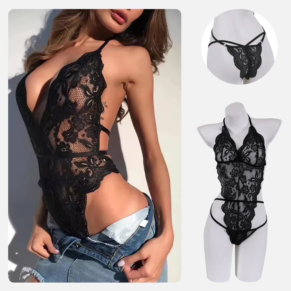 

Hot Sexy Lace Solid Color Mesh Jumpsuit Sleeveless Backless Sling Deep V Neck Transparent Rompers for Women Lingerie Bodysuit