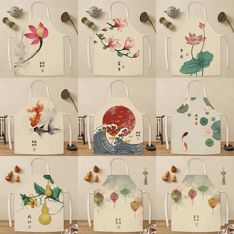 

Фартук из льняной ткани в китайском стиле с рисунком тушью: лотосы и карпы кои, без рукавов, для дома, кухни, приготовления пищи, выпечки, чайной церемонии, уборки