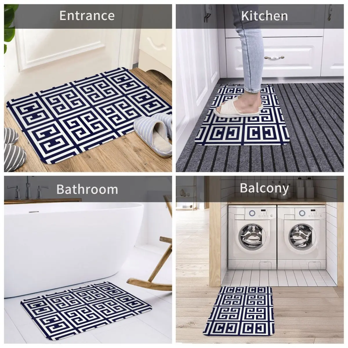 White Navy Blue Geometric Anti-Slip Doormat Greek Key Navy Blue And White Pattern Balcony Carpet Welcome Rug Home Decorative