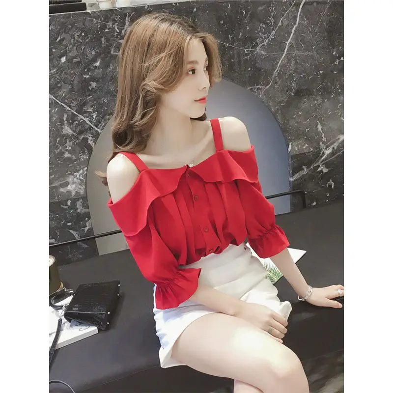 Women Summer Fashion Sweet Ruffles Solid Color Slash Neck Short Sleeve Chiffon Shirts Women Clothes Casual All-match Trend Tops