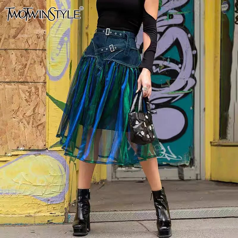 TWOTWINSTYLE Patchwork Folds Denim Skirts For Women High Waist Knee Length  Spliced MeshCasual Skirt Female Fashion Clothing New