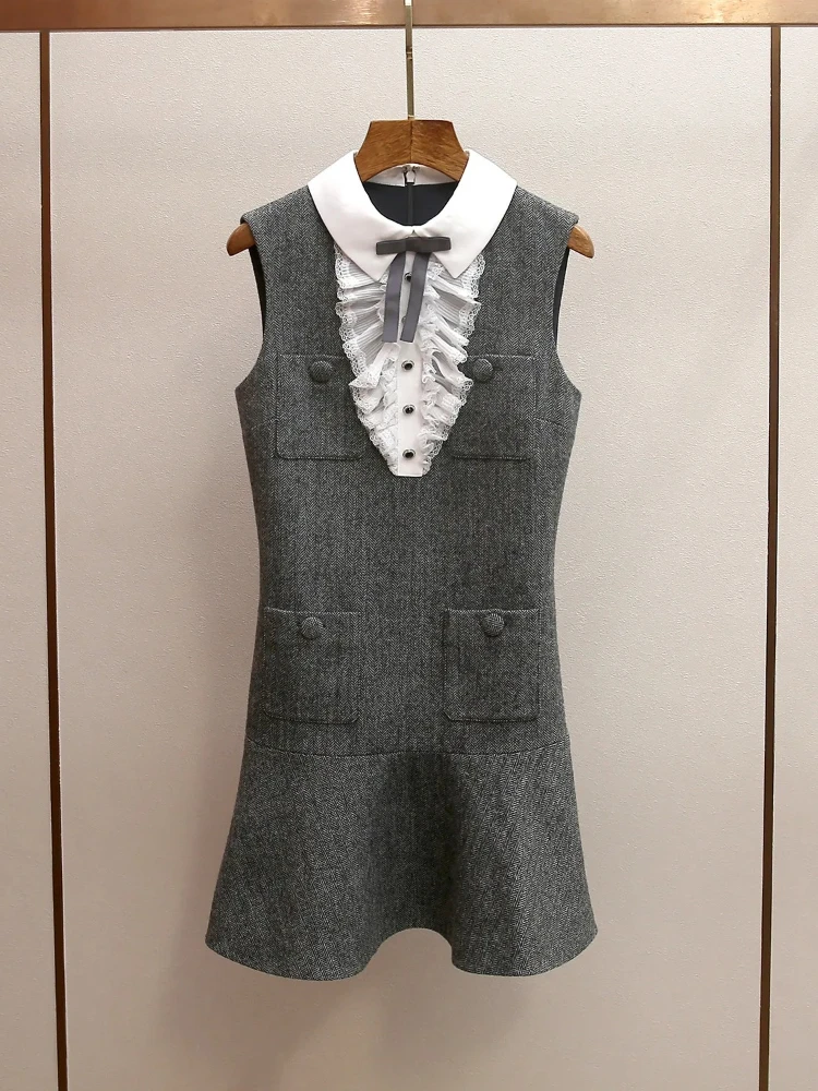 Luxury Brand SameSpring New Style Grid Splicing Lapel Ruffle Edge Splicing Vest Slimming Dress