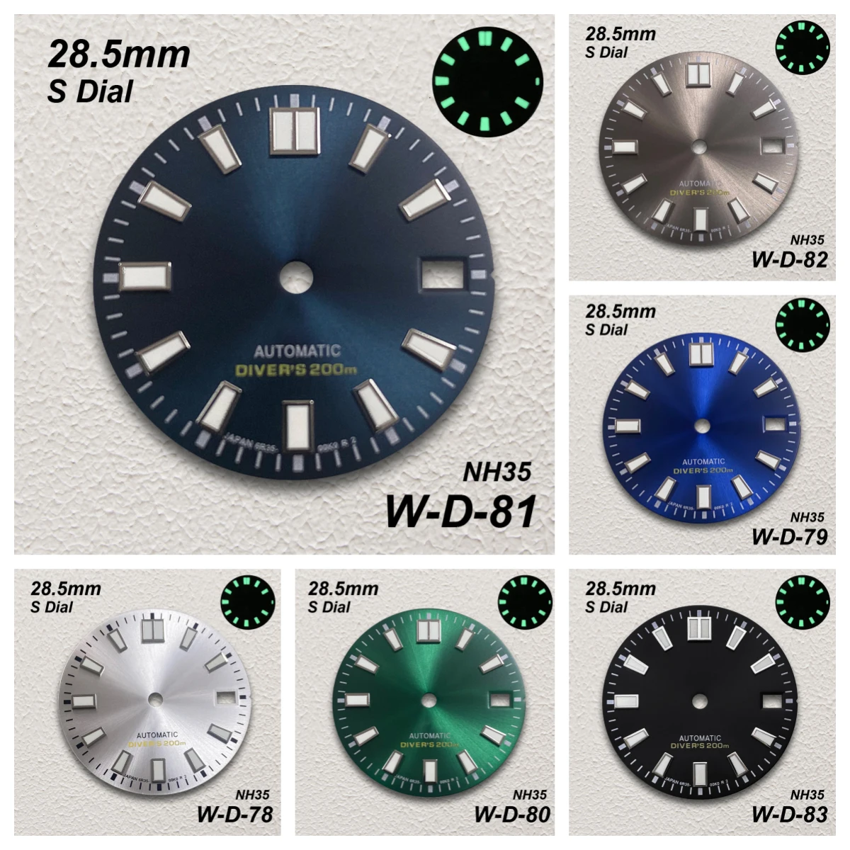 28.5mm S Logo Sunburst Dial Suitable for NH35/NH36/7S/4R Janpan Movement Strong Green Luminous Watch Modification Accessories