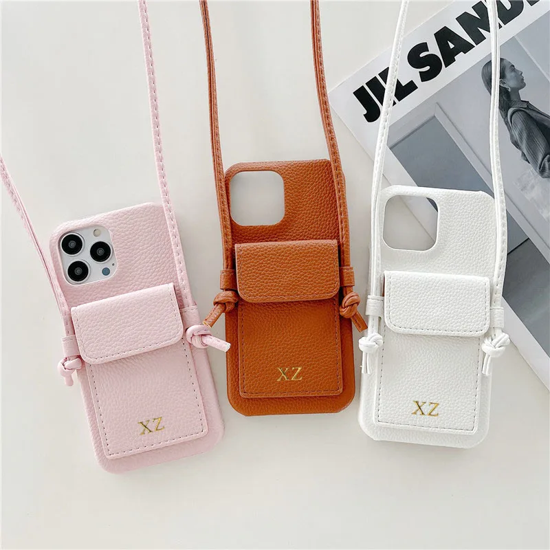 Personalized Gold Silver Letters Leather PU Card Holder Lanyard Hard Case For iPhone 14 13 12 11 15 Pro Max XS XR 14  Plus Cover