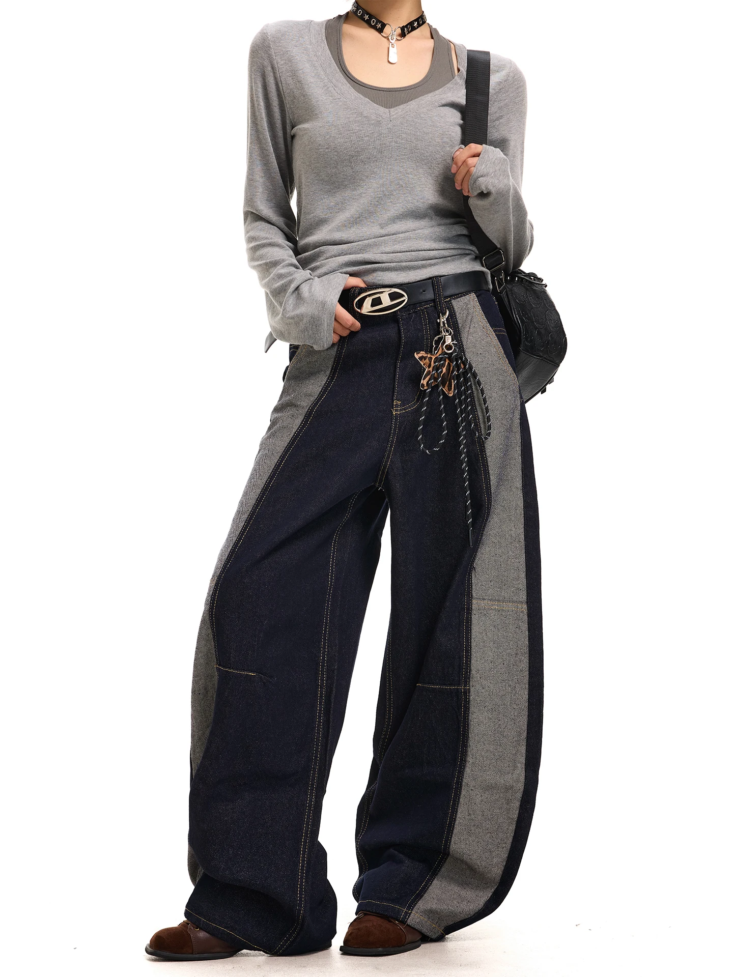 

Американские широкие джинсы из денима для женщин, осенне-зимняя новинка, дизайн с цветными блоками и пэчворком, утягивающие длинные брюки, магазин MZL