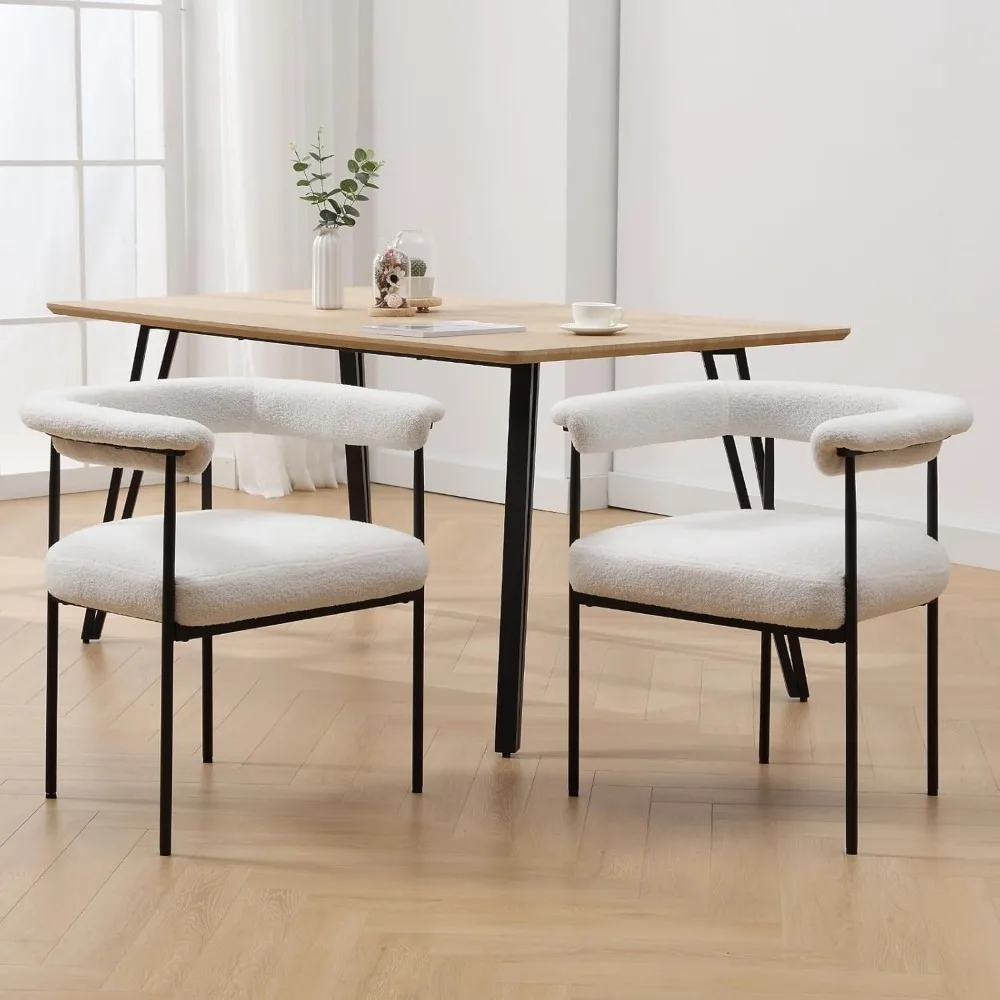 

Modern Dining Chairs Set of 2, Upholstered Sherpa Side Chair Armchair with Barrel Backrest Black Metal Frame for Dining Room Liv