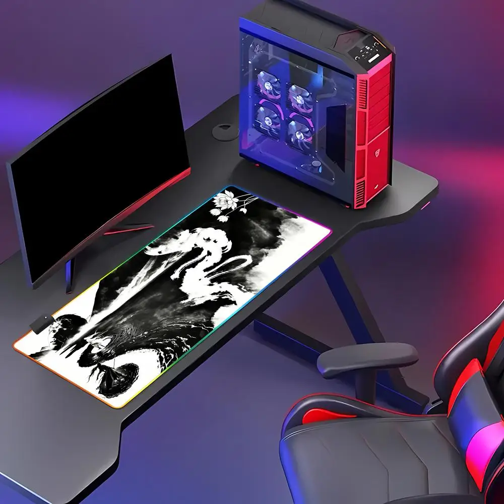 HYBXAXC Black White Lotus Wuxia Mouse Pad Aesthetic Asian Art Desk Mat for Home Office Beautiful RGB Mouse Pad Gamer LED Light