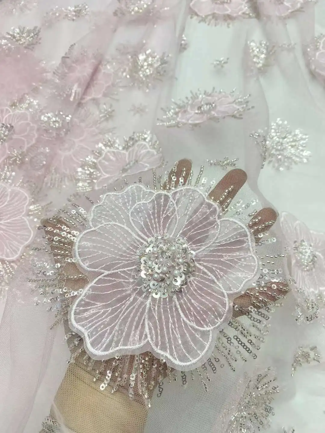 3d Blumen Französisch Tüll weiße Spitze hochwertige Spitze afrikanische Netz Pailletten Perlen Spitze Stoff Luxus für Hochzeits feier Kleid