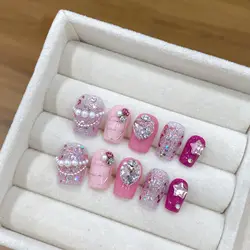 Handmade Press on Nails Shiny Sequin Rose Pink Fake Nails 3D Crystal Design Short Ballet Fashion False Nails Wearable Full Cover