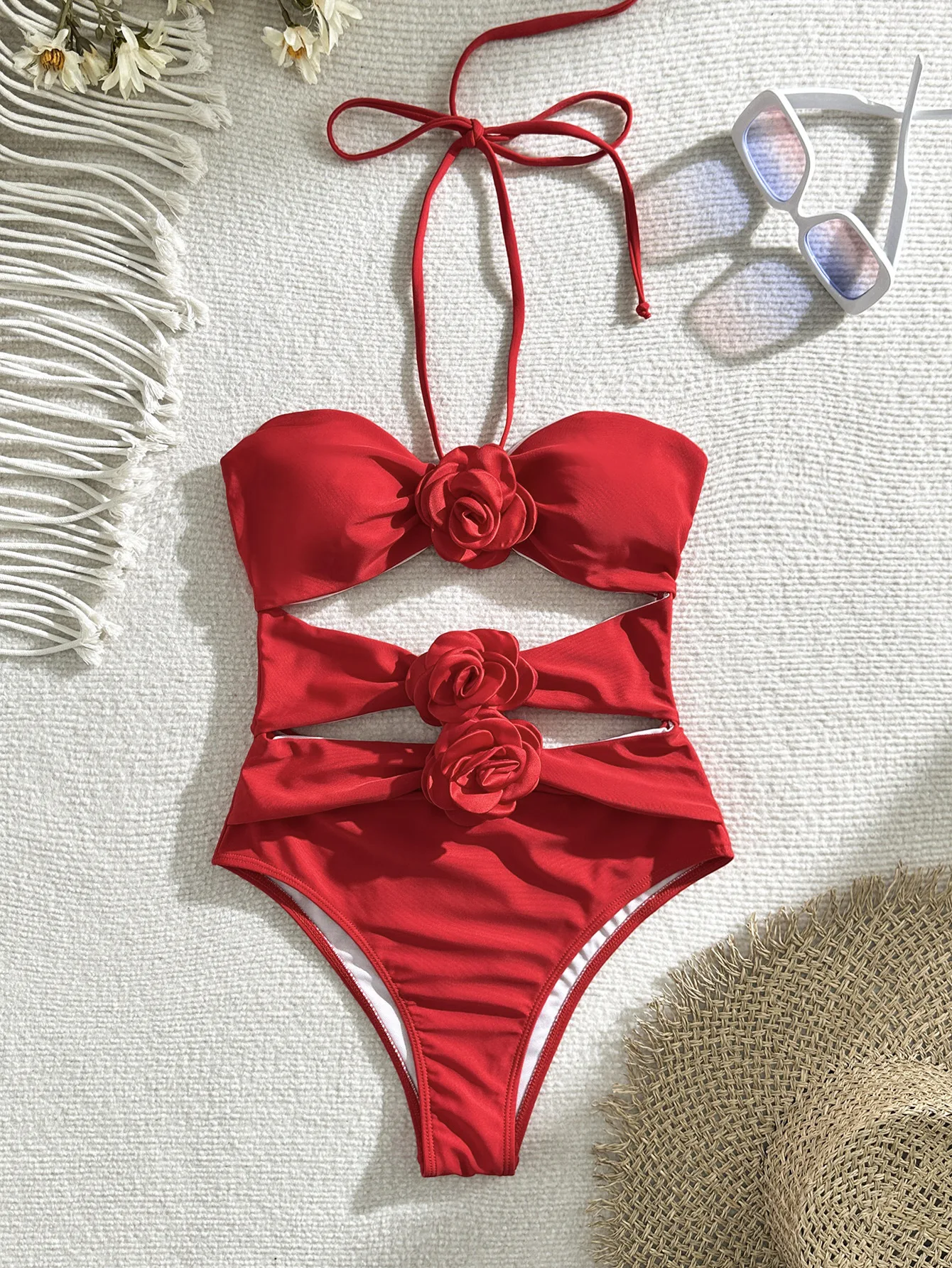 

sexy 3d flower plain swimsuits one piece deep hollow out bikinis Swimwear bathing suit beach outfits bodysuits biquini tankini