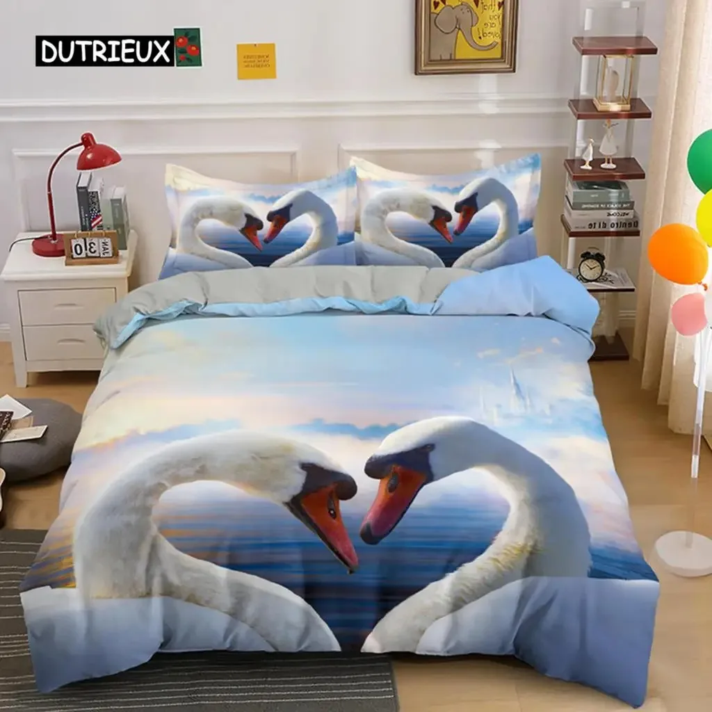 

Swan Duvet Cover King Queen Beautiful Elegant White Animal Bedding Set Kid Teens Adults Wildlife Lake Soft Polyester Quilt Cover