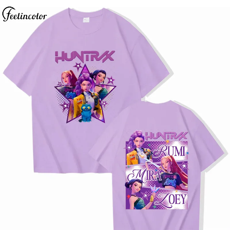 

Oversized Lavender Huntrix T-Shirt for Unisex Virtual Girl Group RUMI MIRA ZOEY Front Back Print Tee Kpop Demon Hunter Streetwea
