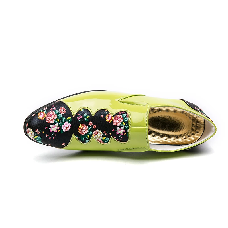 FUQIAO 2026 Spring/Autumn New Retro High Heels Loafers Patent Leather Pumps Solid Colors Flower Printed Slip-on Men's Shoes