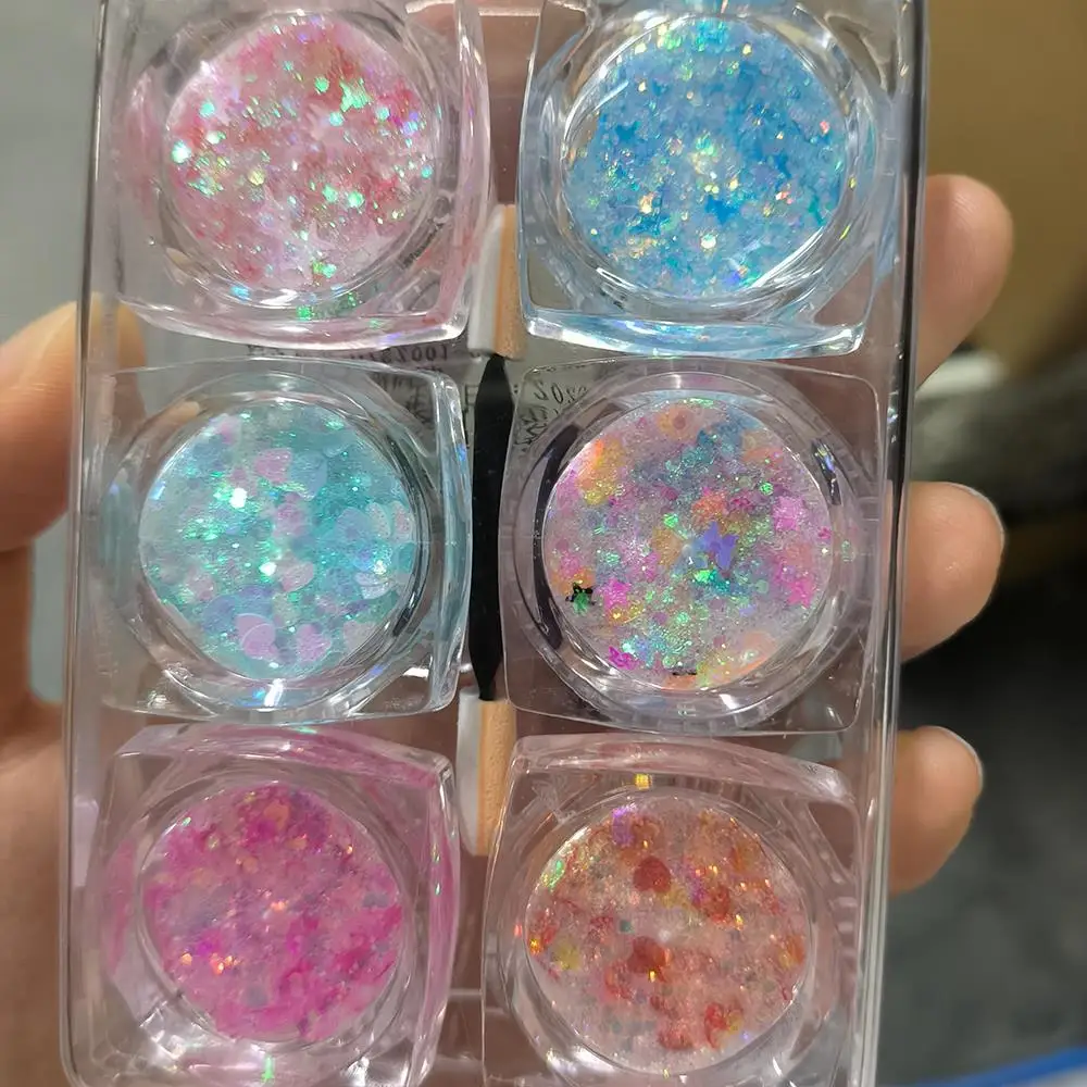 6個入り クリスマス フェイス アイ ネイル グリッター スパンコール ミックス ハート スター バタフライ 六角形 フレーク アイシャドウ ボディ ネイルアート デコレーション用