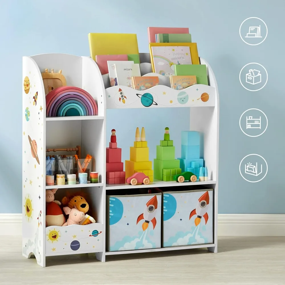 Organizer per riporre giocattoli e libri per bambini con 2 scatole, per sala giochi, camera da letto, soggiorno, bianco