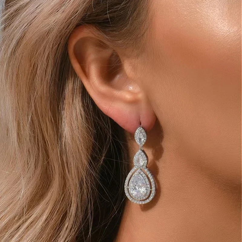 

925 Sterling Silver Water Droplet Tassel Pendant Zircon Stud Earring for Women Fine Jewelry Minimalist Accessories Wholesale